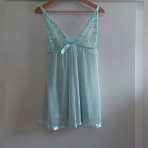 Embroidered Floral & Lace Mesh Chemise Lingerie Light Blue 2XL Sexy Romantic